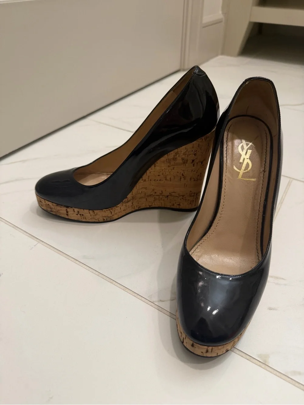 YSL - Black Patent Cork Wedge Pumps - 39